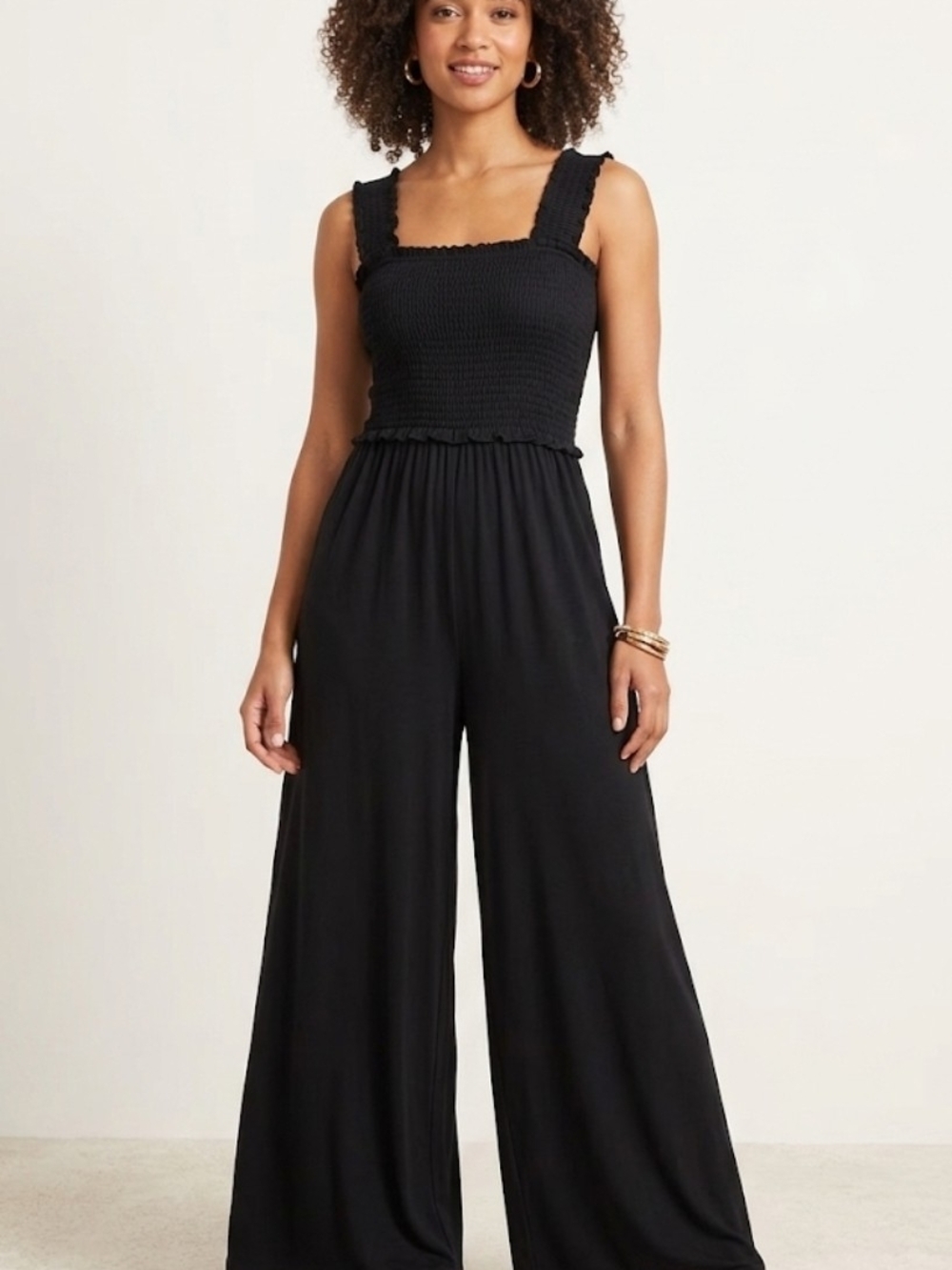 Smocked Square-Neck Wide-Leg Jumpsuit - Black